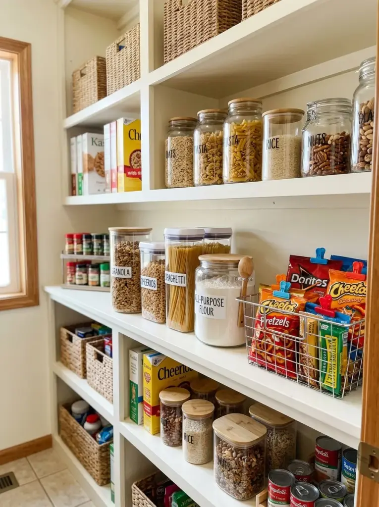 Real-life organized pantry featuring a clearly designated shelf for opened pantry items stored in sealed containers and clips, including cereal, crackers, pasta, flour, and snacks, neatly made, beautifully arranged, organized, clean, vibrant packaging, bright natural light filling the pantry evenly, Pinterest-ready stock photo, highly realistic, no illustration.