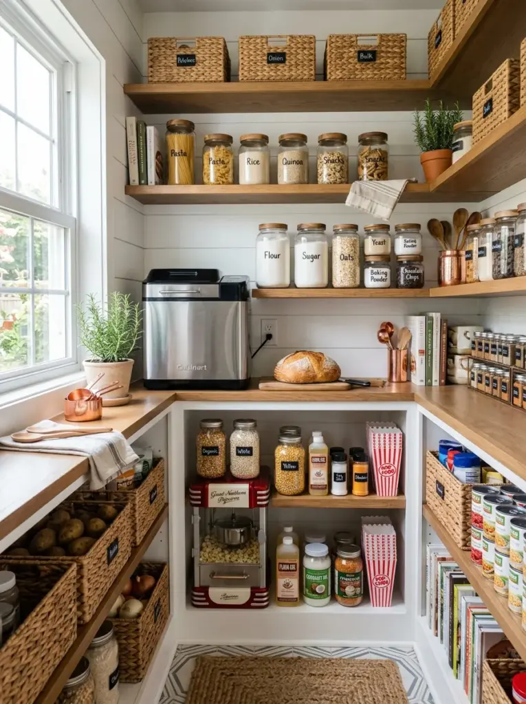 Beautiful real-life pantry with a bread machine beside baking ingredients and a popcorn maker near popcorn supplies, organized shelving system, neatly made, beautifully arranged, organized, clean, vibrant pantry colors, bright natural light highlighting the appliance storage area, Pinterest-ready realistic stock photography, premium lifestyle image, no render.
