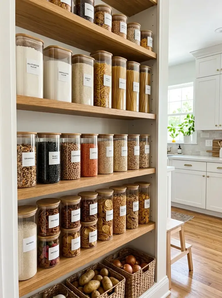 Real-life pantry filled with matching clear airtight containers holding flour, rice, pasta, cereal, beans, sugar, and snacks, minimalist labels, neatly made, beautifully arranged, organized, clean, vibrant ingredients visible through containers, bright natural light from the side highlighting transparent storage, realistic family kitchen, Pinterest-ready, professional stock photography, highly detailed, no illustration, no CGI.