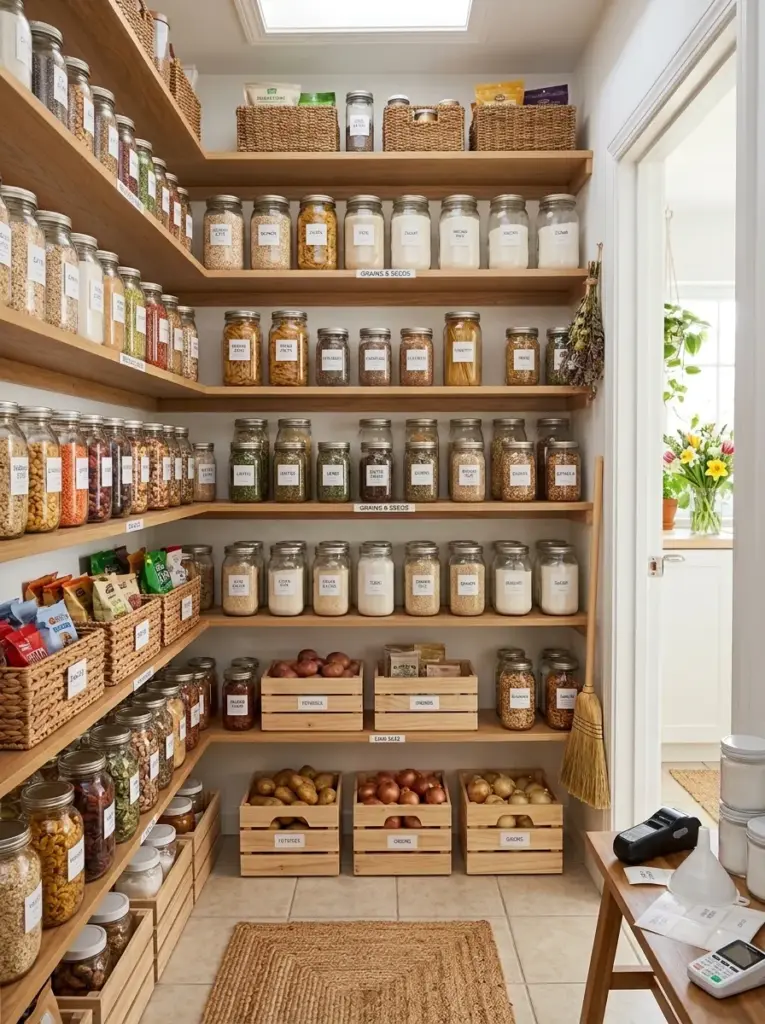 Ultra-realistic family kitchen pantry during a seasonal refresh with a homeowner rearranging pantry categories, fresh labeled containers, neatly made, beautifully arranged, organized, clean, vibrant pantry essentials, bright natural light entering from the pantry entrance and illuminating every shelf evenly, Pinterest-ready lifestyle stock photography, DSLR quality, realistic home environment, no illustration.