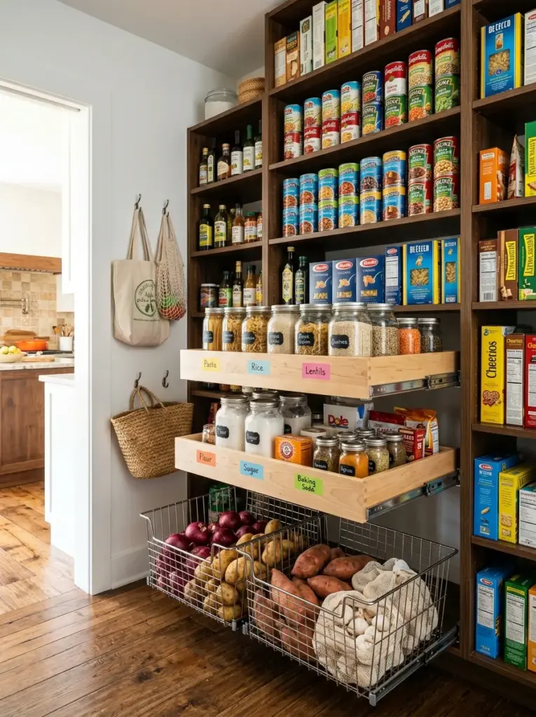 Beautiful real-life kitchen pantry featuring sliding wire baskets and pull-out storage drawers extending from deep shelves, canned foods and pantry staples fully visible, neatly made, beautifully arranged, organized, clean, bright natural light entering from the pantry doorway, vibrant household colors, functional family kitchen, Pinterest-ready stock photo, ultra realistic photography, no people, no render.