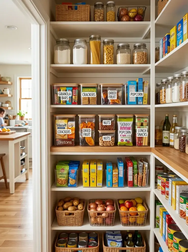 Authentic organized pantry with labeled grab-and-go snack bins containing granola bars, crackers, dried fruit, nuts, popcorn, and lunch snacks, neatly made, beautifully arranged, organized, clean, colorful food packaging, vibrant everyday family atmosphere, bright natural light illuminating shelves from the pantry entrance, Pinterest-ready realistic stock photography, high resolution, no illustration.