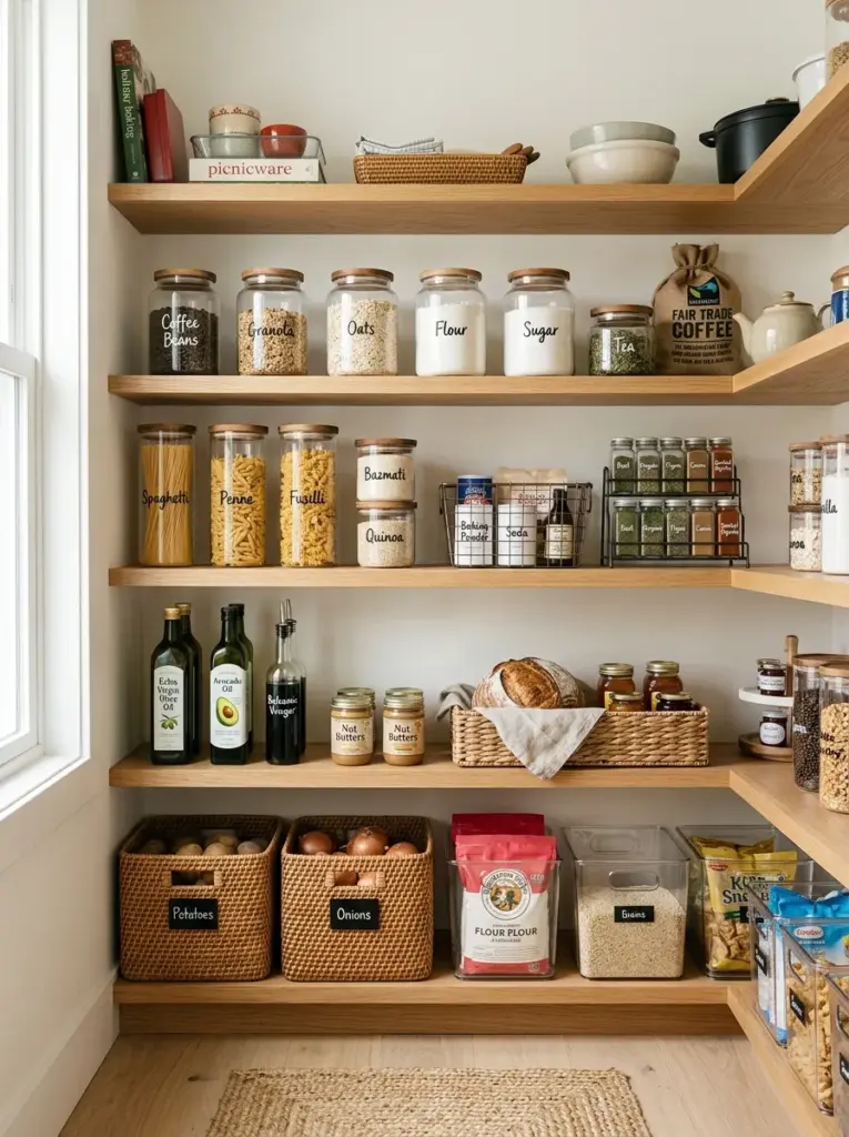 Real-life pantry with eye-level shelves displaying everyday pantry essentials including coffee, pasta, cereal, cooking oil, spices, and bread supplies, lower shelves for bulk storage, upper shelves for seasonal items, neatly made, beautifully arranged, organized, clean, bright natural light positioned to illuminate eye-level shelving, vibrant colors, Pinterest-ready premium stock photo, realistic home photography.