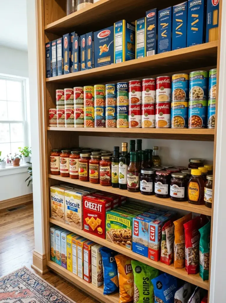 Ultra-realistic family kitchen pantry featuring canned foods, sauces, pasta, and packaged snacks arranged in a clear first-in, first-out rotation system with newer items placed behind older ones, neatly made, beautifully arranged, organized, clean, vibrant packaging, bright natural light from a nearby window illuminating the shelves evenly, realistic everyday home, Pinterest-ready stock photography, DSLR quality, no people, no illustration, no 3D render.