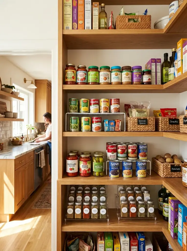Real-life pantry with sturdy shelf risers creating two storage levels for canned foods, jars, spices, and baskets, neatly made, beautifully arranged, organized, clean, vibrant labels and containers, bright natural light entering from the pantry doorway to highlight the layered shelving, realistic family kitchen, Pinterest-ready premium stock photo, highly detailed photography, no CGI.