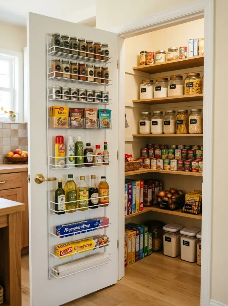Authentic kitchen pantry with slim door-mounted storage racks holding spices, cooking sprays, seasoning packets, aluminum foil, and plastic wrap, neatly made, beautifully arranged, organized, clean, vibrant household colors, bright natural light highlighting both pantry shelves and door organizers, realistic home photography, Pinterest-ready, stock photo quality.