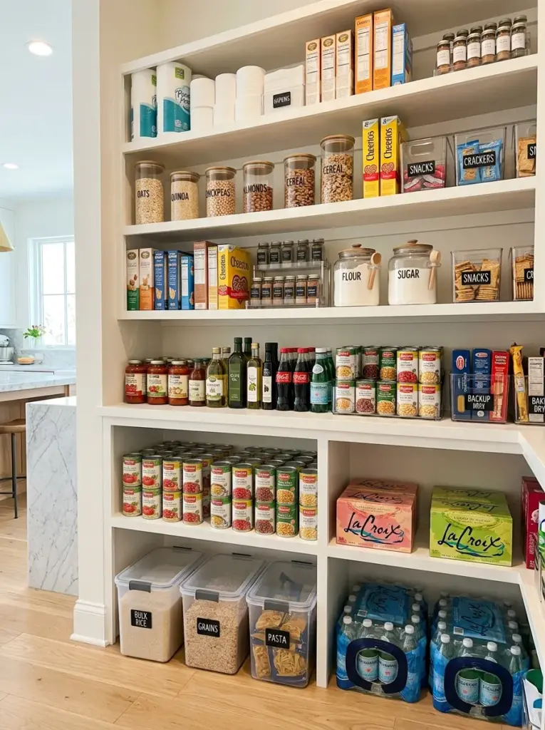 Real-life organized pantry with lower shelves storing bulk rice containers, bottled beverages, paper products, and backup groceries while upper shelves display everyday foods, neatly made, beautifully arranged, organized, clean, vibrant colors, bright natural light filling the pantry from the front, Pinterest-ready stock photography, realistic family kitchen, no illustration.