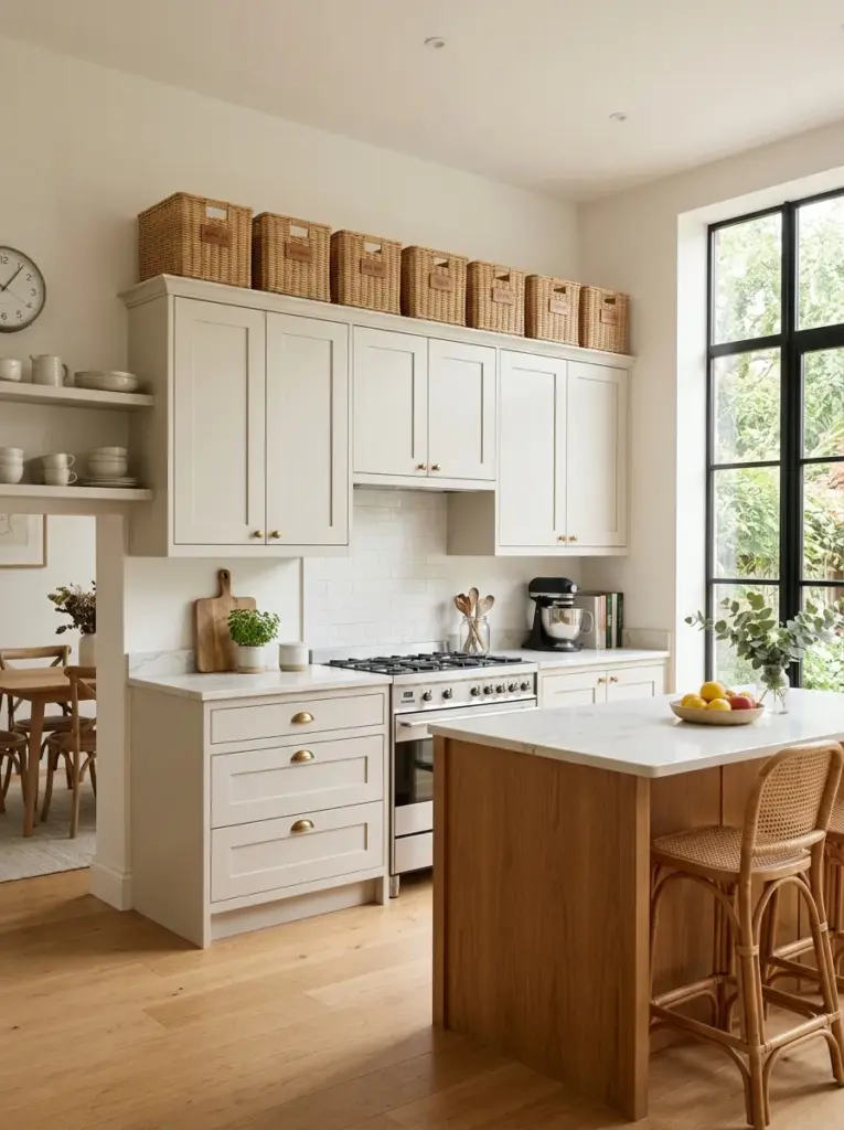 Real-life modern kitchen with storage baskets above upper cabinets, matching woven baskets, neatly made, beautifully arranged, organized, clean, bright natural light entering from large side windows, vibrant warm neutral colors, realistic home photography, Pinterest-ready, functional family kitchen, eye-level perspective, no people, premium stock photo style
