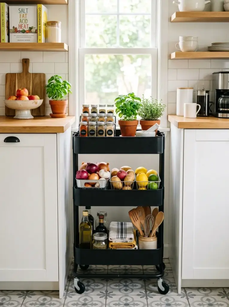 Compact kitchen with slim rolling storage cart holding produce baskets, spices, and kitchen tools, neatly made, beautifully arranged, organized, clean, bright natural light, vibrant colors, realistic everyday home photography, Pinterest-ready, premium stock photo style