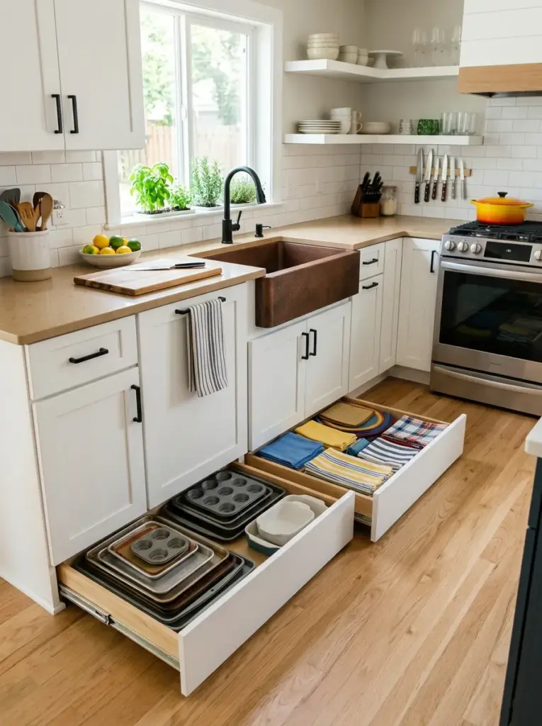 Real-life kitchen with hidden toe kick drawers beneath lower cabinets, baking trays and linens neatly stored, neatly made, beautifully arranged, organized, clean, bright natural light, vibrant colors, realistic residential photography, Pinterest-ready, premium stock photo style, functional everyday kitchen