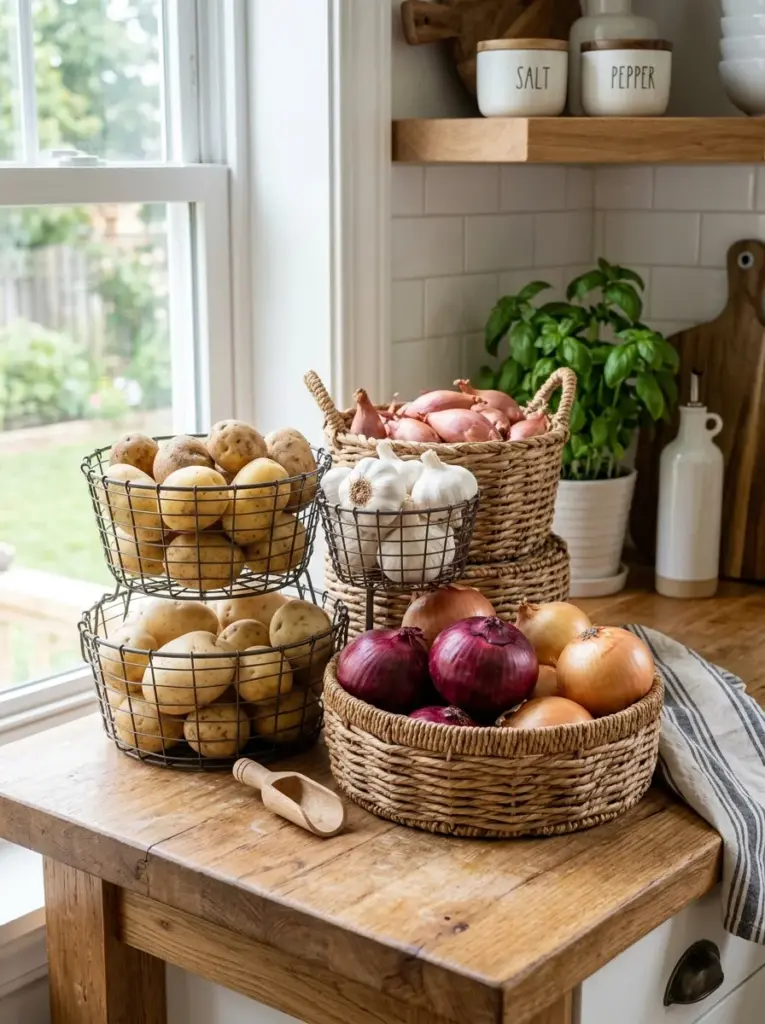 Kitchen produce station with stacked woven and wire baskets holding onions, potatoes, and garlic, neatly made, beautifully arranged, organized, clean, bright natural light from nearby window, vibrant natural colors, realistic home photography, Pinterest-ready, premium stock photo style