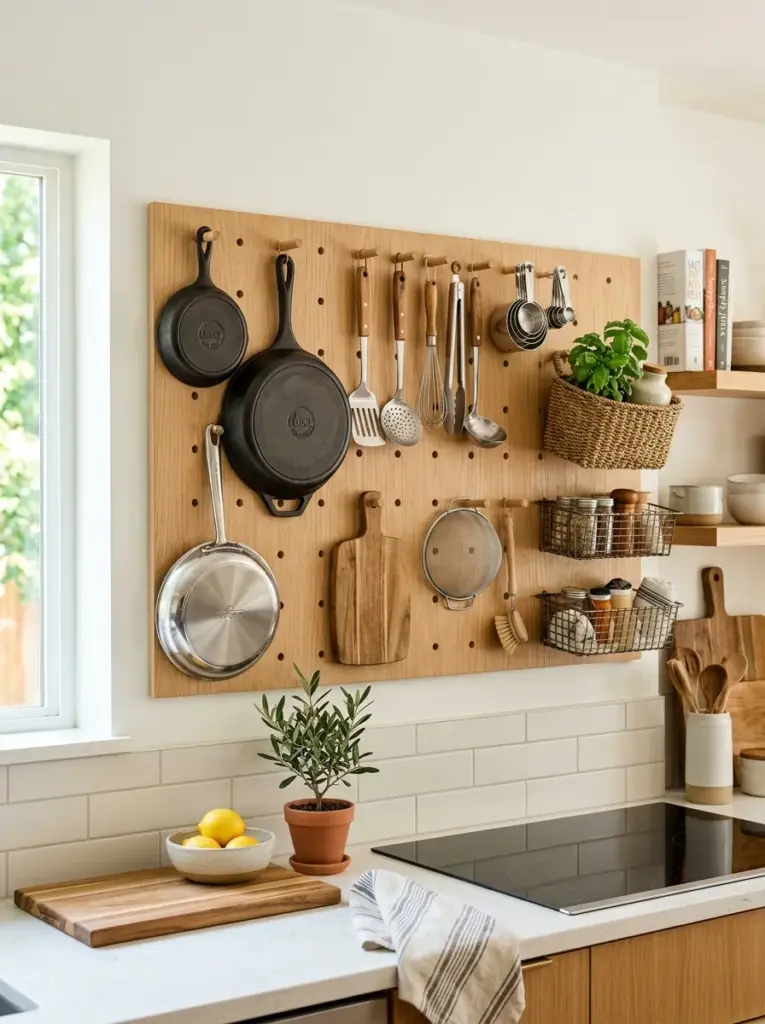 Modern kitchen wall with wooden pegboard displaying pans, utensils, measuring cups, and small storage baskets, neatly made, beautifully arranged, organized, clean, bright natural light, vibrant colors, realistic lifestyle photography, Pinterest-ready, premium stock photo style