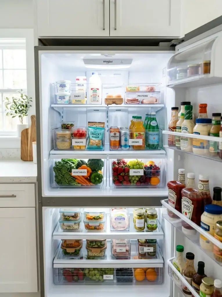 Beautifully organized refrigerator with clear storage bins separating dairy, vegetables, drinks, and snacks, neatly made, beautifully arranged, organized, clean, bright natural light reflecting into the open refrigerator, vibrant fresh food colors, realistic home photography, Pinterest-ready, premium stock photo style
