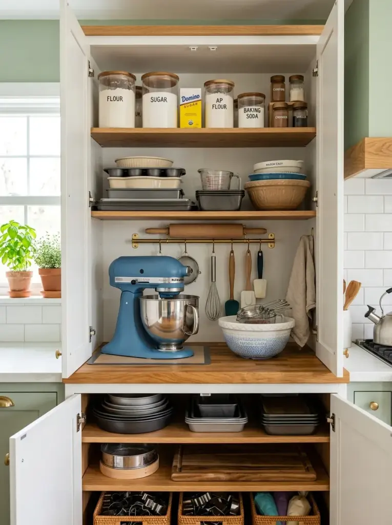 Dedicated baking cabinet with stand mixer, baking pans, mixing bowls, flour containers, and measuring tools, neatly made, beautifully arranged, organized, clean, bright natural light, vibrant kitchen colors, realistic home photography, Pinterest-ready, premium stock photo style