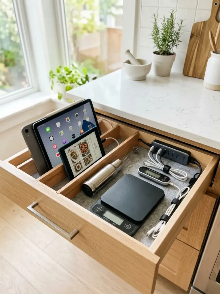 Real-life kitchen drawer converted into a hidden charging station with tablets, rechargeable kitchen gadgets, neatly managed cables, neatly made, beautifully arranged, organized, clean, bright natural light, vibrant colors, realistic home photography, Pinterest-ready, premium stock photo style