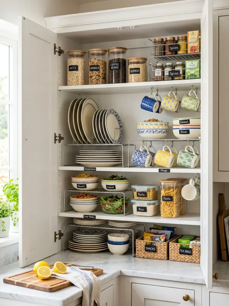 Kitchen cabinet with shelf risers doubling storage for plates, bowls, mugs, and pantry items, neatly made, beautifully arranged, organized, clean, bright natural light, vibrant colors, realistic residential photography, Pinterest-ready, premium stock photo style