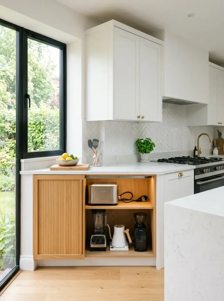Modern kitchen with hidden countertop appliance garage containing toaster, blender, kettle, and coffee grinder, door partially open, neatly made, beautifully arranged, organized, clean, bright natural light from large window, vibrant colors, realistic home photography, Pinterest-ready, premium stock photo style