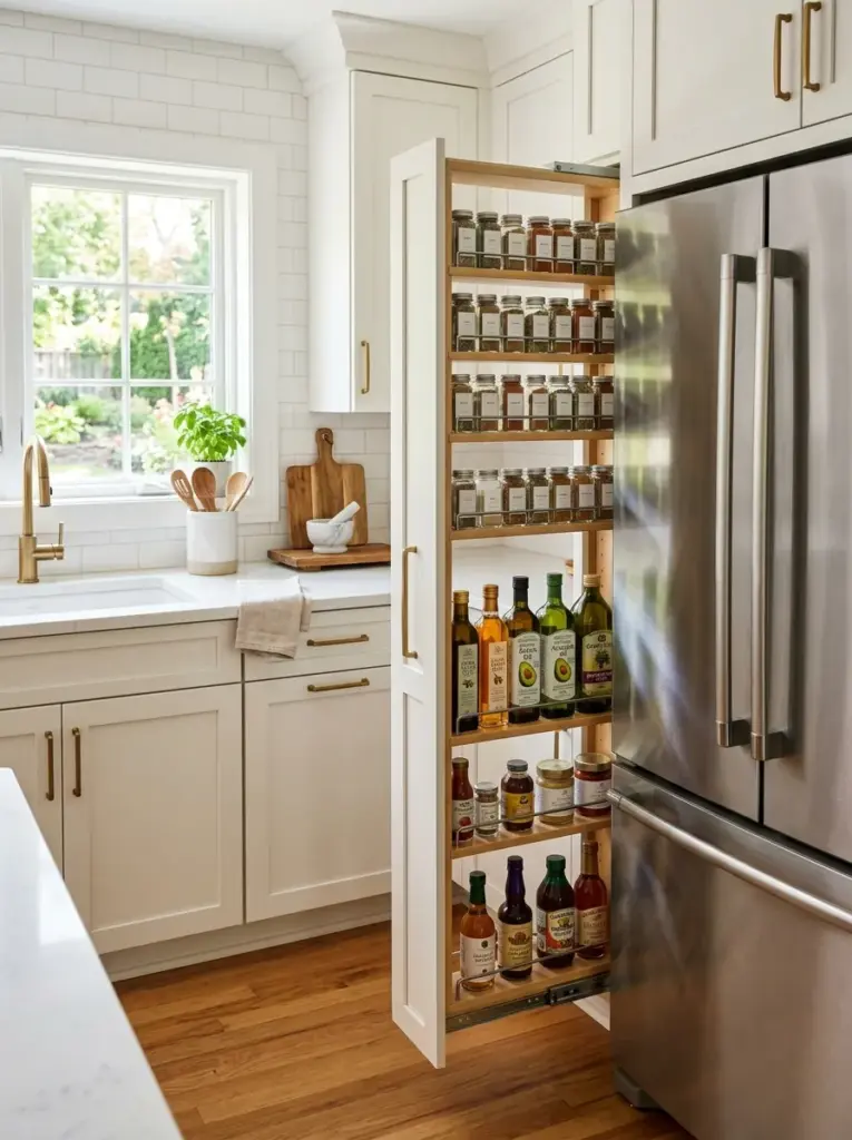 Real-life kitchen with slim pull-out pantry beside refrigerator, spices and cooking oils beautifully arranged, neatly made, organized, clean, bright natural light from nearby windows, vibrant colors, realistic residential photography, Pinterest-ready, highly functional storage solution, premium stock photo style