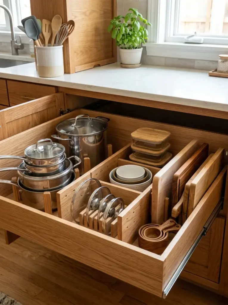 Deep kitchen drawer with adjustable wooden dividers organizing pots, lids, containers, and cutting boards, neatly made, beautifully arranged, organized, clean, bright natural light, vibrant wood textures, realistic home photography, Pinterest-ready, premium stock photo style, functional everyday kitchen