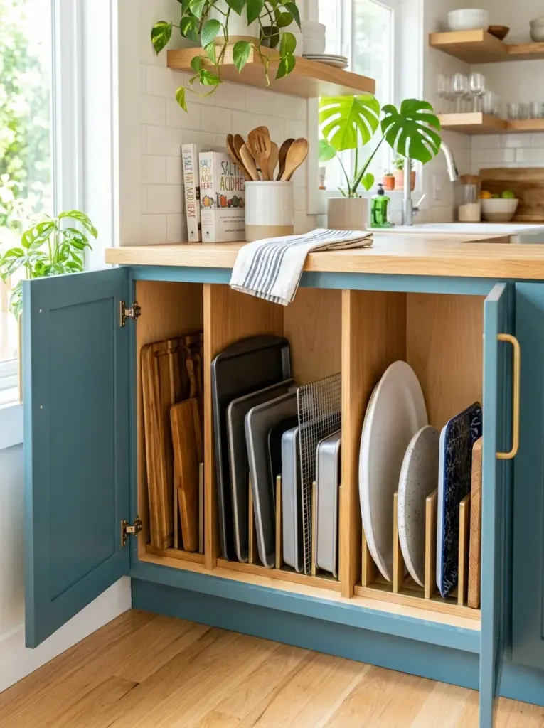 Lower kitchen cabinet with vertical dividers holding baking trays, serving platters, and cutting boards upright, neatly made, beautifully arranged, organized, clean, bright natural light, vibrant modern kitchen colors, realistic lifestyle photography, Pinterest-ready, premium stock photo style