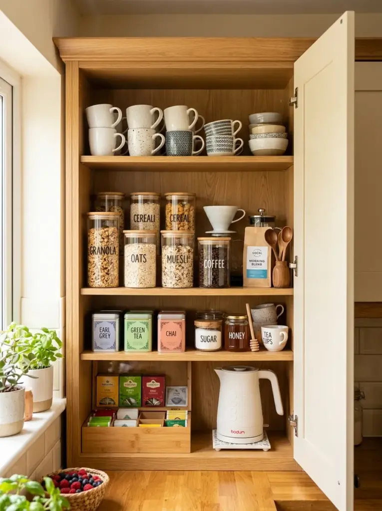 Organized breakfast station inside kitchen cabinet with coffee supplies, mugs, cereal jars, tea containers, neatly made, beautifully arranged, organized, clean, bright natural light from nearby window, vibrant inviting colors, realistic home photography, Pinterest-ready, premium stock photo style