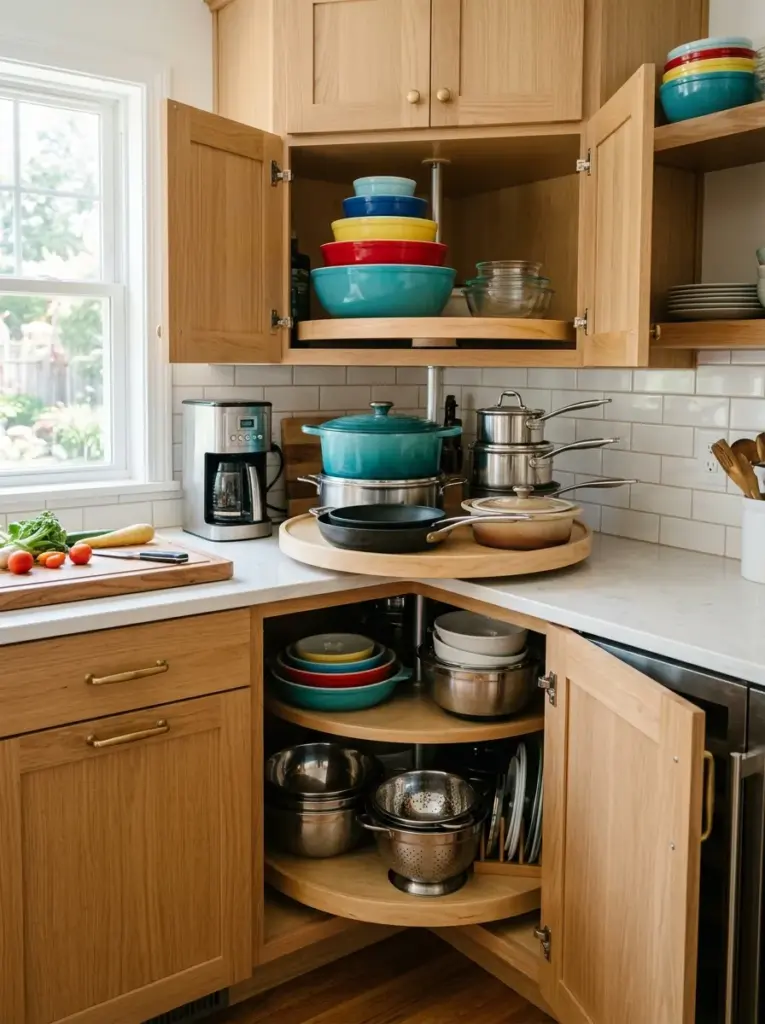 Real-life kitchen corner cabinet with rotating lazy Susan shelves holding cookware and mixing bowls, neatly made, beautifully arranged, organized, clean, bright natural light, vibrant colors, realistic family kitchen photography, Pinterest-ready, premium stock photo style, highly functional storage solution