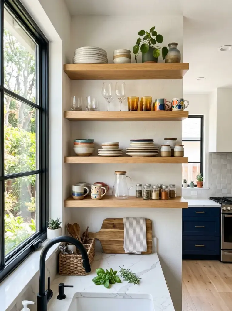 Modern kitchen with floating wooden shelves displaying everyday dishes and glassware, neatly made, beautifully arranged, organized, clean, bright natural light illuminating shelves from large side window, vibrant colors, realistic home photography, Pinterest-ready, premium stock photo style