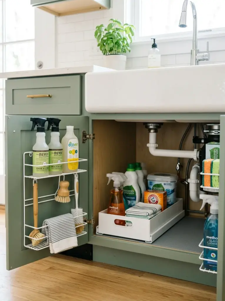 Under-sink kitchen cabinet with door-mounted cleaning supply organizers, spray bottles and brushes neatly made, beautifully arranged, organized, clean, bright natural light, vibrant household colors, realistic lifestyle photography, Pinterest-ready, premium stock photo style