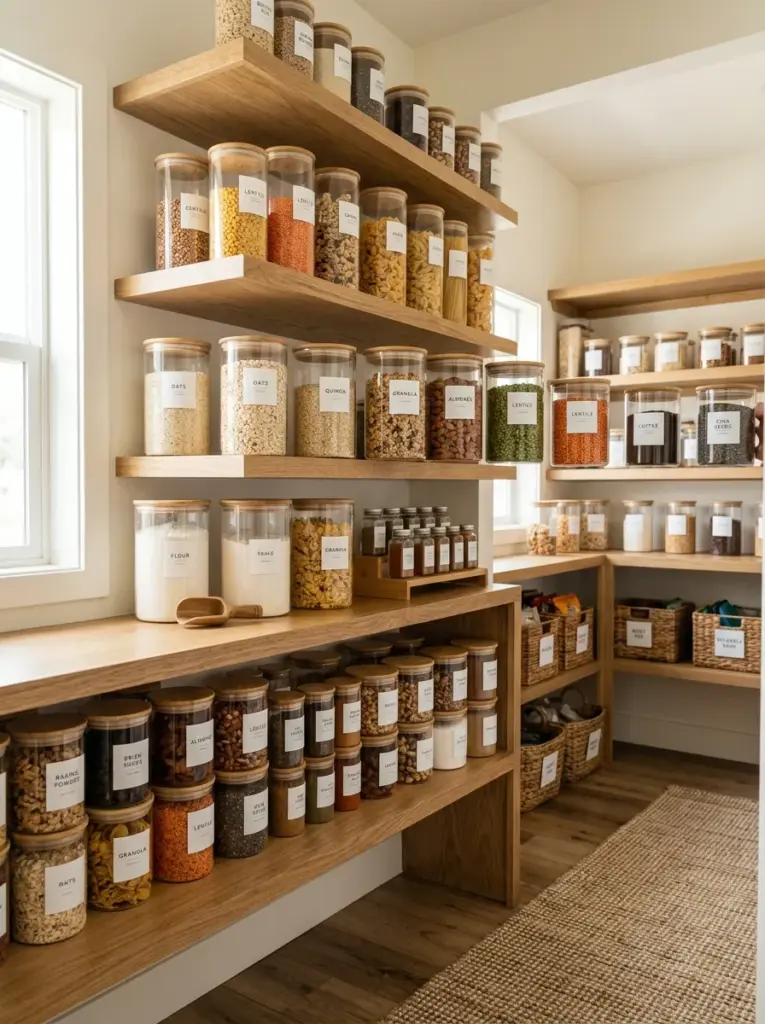 Pantry shelves filled with matching clear airtight food containers with simple labels, neatly made, beautifully arranged, organized, clean, bright natural light, vibrant pantry colors, realistic home photography, Pinterest-ready, premium stock photo style