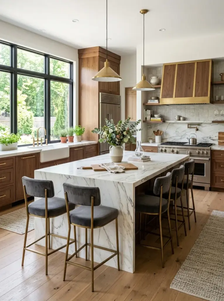 Real-life luxury kitchen with a large waterfall marble island, seating on two sides with elegant upholstered counter stools, premium wood cabinetry, neatly made, beautifully arranged, organized, clean, bright natural light streaming from large side windows, vibrant natural colors, realistic stock photography, Pinterest-ready, lived-in yet immaculate, ultra detailed, high-end family home, no people, no 3D render
