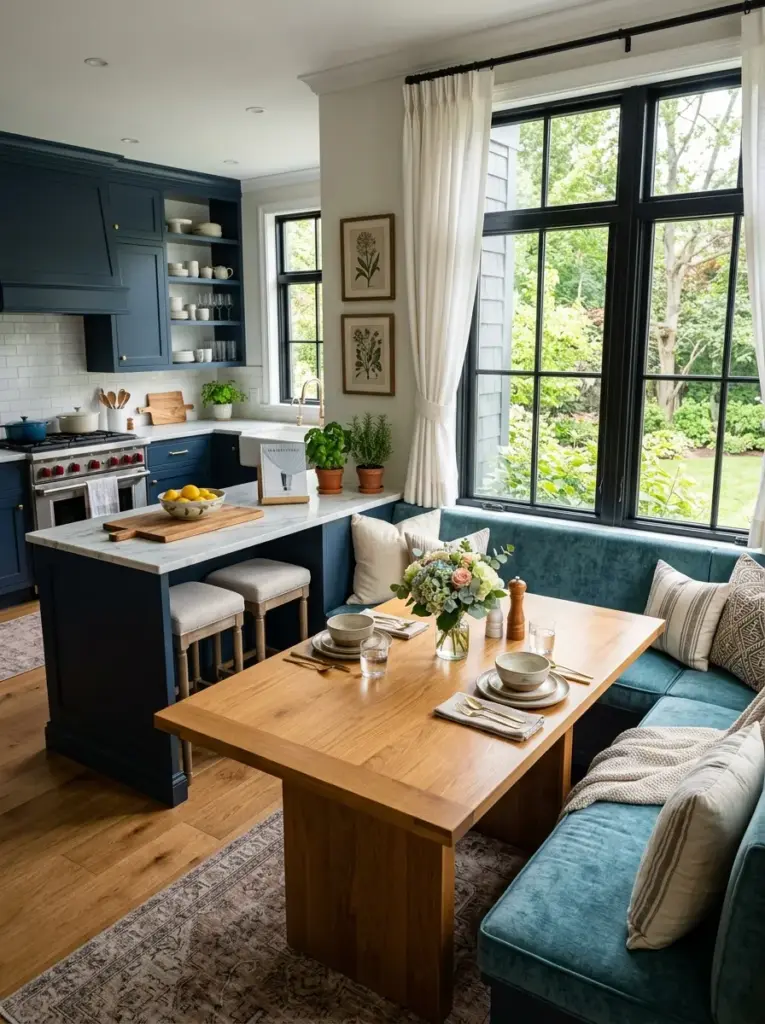 Real-life luxury kitchen with built-in breakfast nook beside large windows, upholstered seating, solid wood table, neatly made, beautifully arranged, organized, clean, bright natural light filling the seating area, vibrant welcoming colors, realistic stock photography, Pinterest-ready, stylish family home, ultra detailed, no people, no 3D render
