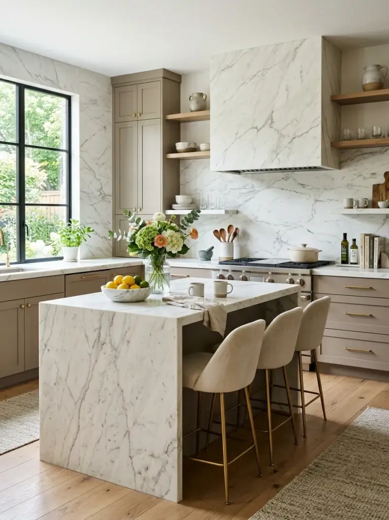 Real-life luxury kitchen with full-height marble backsplash matching the countertop, seamless premium stone surfaces, neatly made, beautifully arranged, organized, clean, bright natural light illuminating the stone texture, vibrant refined colors, realistic stock photography, Pinterest-ready, ultra detailed, no people, no 3D render