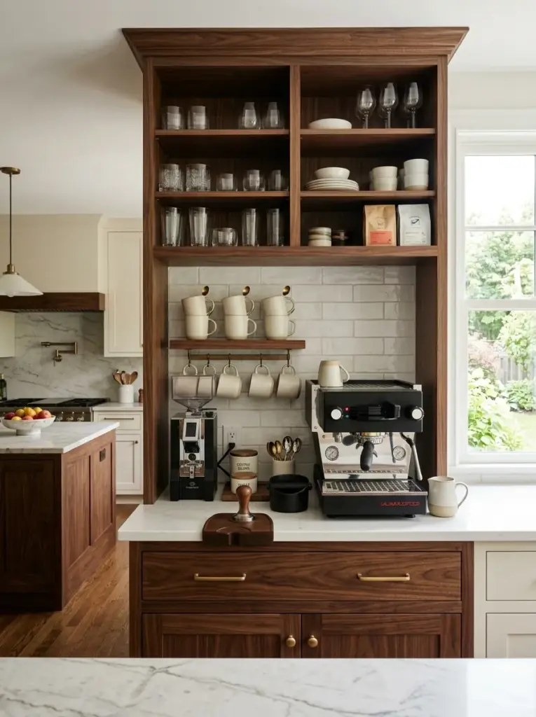 Luxury kitchen featuring an integrated coffee station inside custom cabinetry, premium espresso machine, organized mugs and accessories, neatly made, beautifully arranged, organized, clean, bright natural light, vibrant warm tones, realistic interior photography, Pinterest-ready, elegant everyday living, ultra realistic, no people, no CGI