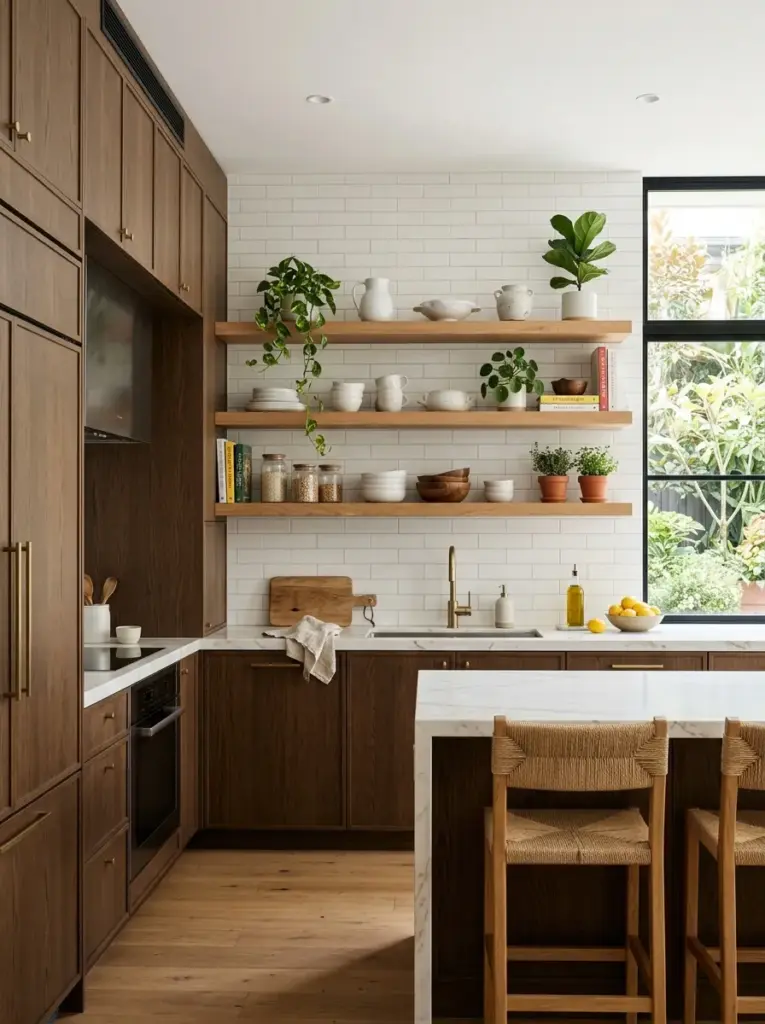 Elegant luxury kitchen with floating wood shelves balanced by full-height cabinetry, carefully styled ceramics and greenery, neatly made, beautifully arranged, organized, clean, bright natural light, vibrant natural colors, realistic stock photography, Pinterest-ready, ultra detailed, no people, no render
