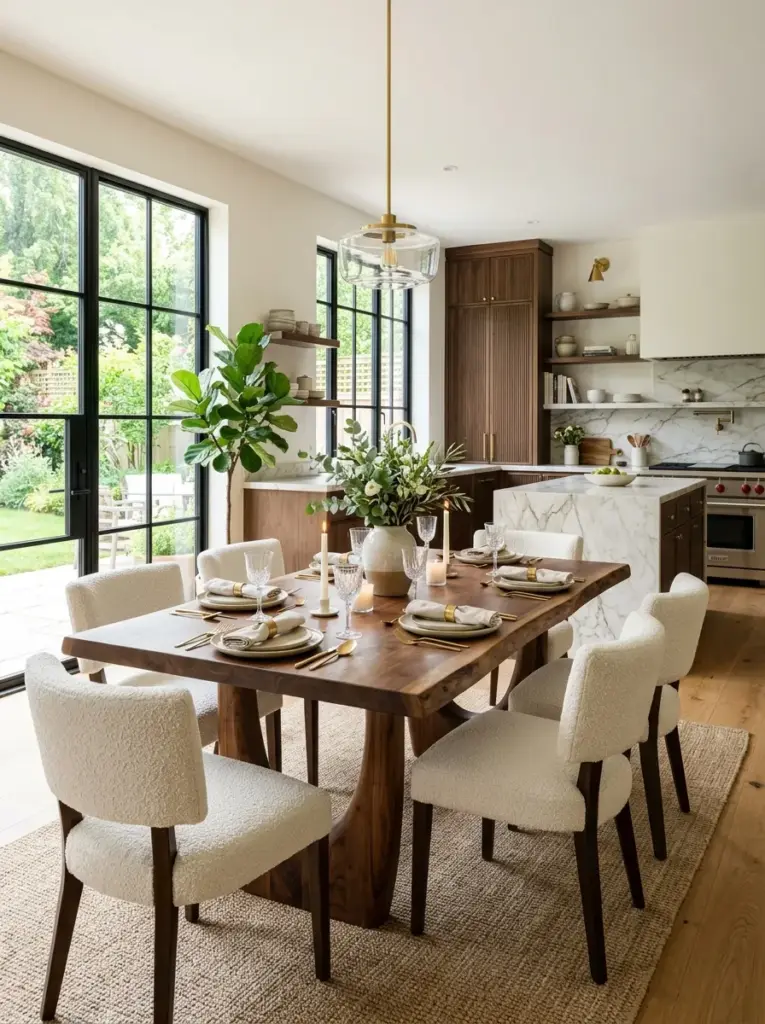 Luxury kitchen with a sculptural solid wood dining table integrated into the space, elegant upholstered dining chairs, neatly made, beautifully arranged, organized, clean, bright natural light surrounding the dining area, vibrant premium finishes, realistic interior photography, Pinterest-ready, no people, ultra realistic