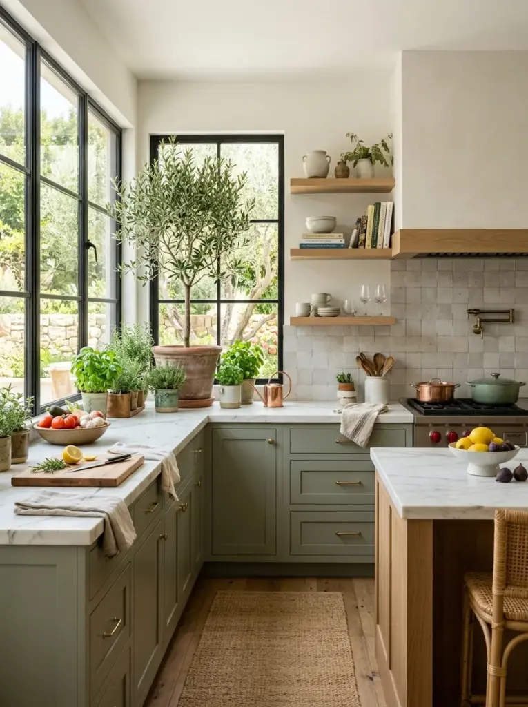 Real-life luxury kitchen styled with fresh olive tree, herbs, and subtle greenery near large windows, neatly made, beautifully arranged, organized, clean, bright natural light supporting healthy plants, vibrant natural colors, realistic stock photography, Pinterest-ready, elegant lived-in home, ultra detailed, no people, no 3D render