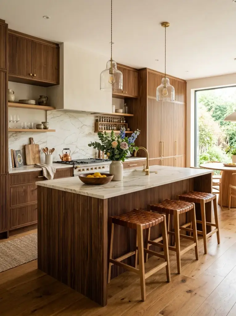 Real-life luxury kitchen featuring fluted walnut wood panels on the island and pantry, premium stone countertops, neatly made, beautifully arranged, organized, clean, bright natural light emphasizing wood texture, vibrant warm tones, realistic stock photography, Pinterest-ready, sophisticated family home, ultra detailed, no people, no 3D render