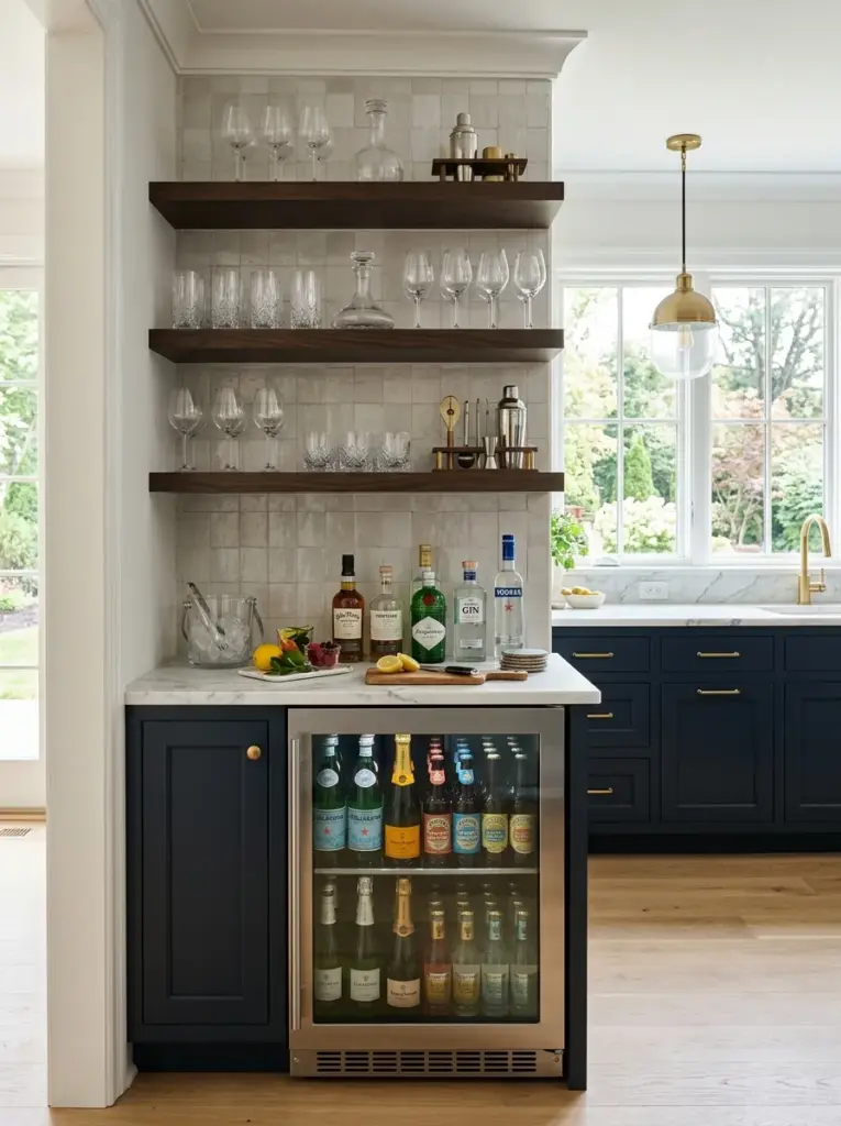 Luxury kitchen with an elegant beverage station featuring glassware, beverage refrigerator, floating shelves, neatly made, beautifully arranged, organized, clean, bright natural light, vibrant premium finishes, realistic interior photography, Pinterest-ready, stylish entertaining space, ultra realistic, no people, no CGI