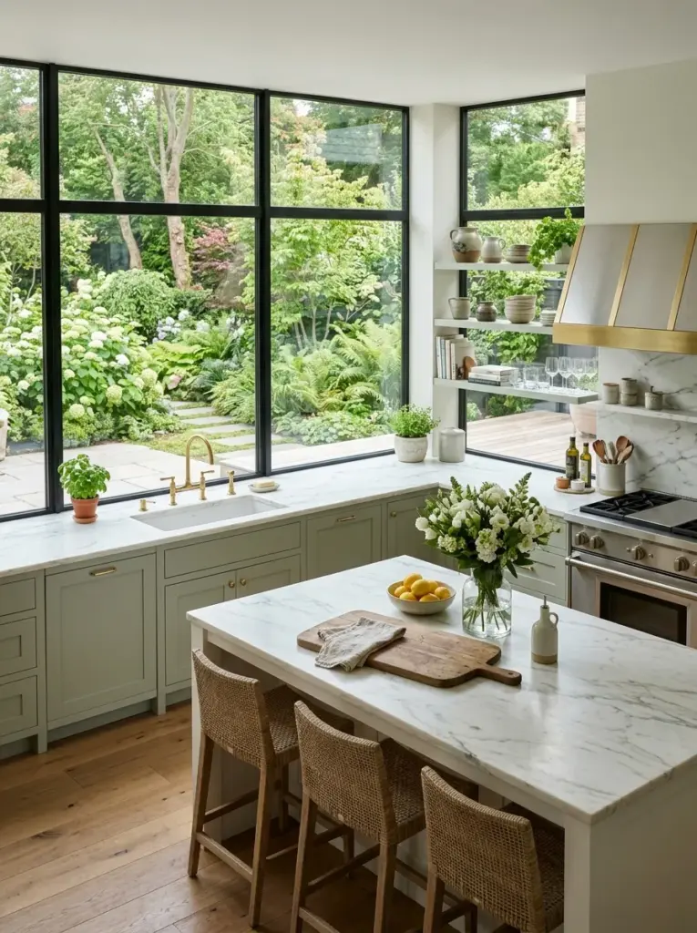 Real-life luxury kitchen with oversized windows overlooking a lush garden, uninterrupted outdoor views, neatly made, beautifully arranged, organized, clean, bright natural light flowing across countertops, vibrant greenery, realistic stock photography, Pinterest-ready, ultra detailed, no people, no render