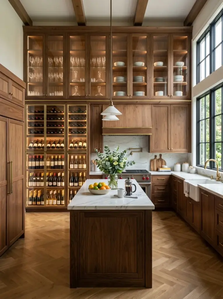 Elegant luxury kitchen with integrated wine display inside custom cabinetry, glass-front storage, premium wood finishes, neatly made, beautifully arranged, organized, clean, bright natural light, vibrant refined colors, realistic stock photography, Pinterest-ready, high-end home, ultra realistic, no people, no 3D render