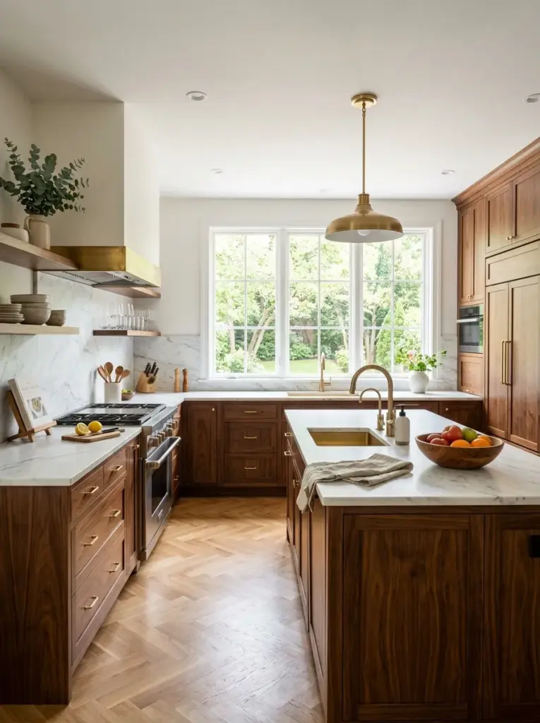 Luxury kitchen combining warm walnut cabinets with white marble countertops and matching stone backsplash, neatly made, beautifully arranged, organized, clean, bright natural light entering from wide windows, vibrant warm wood tones, realistic interior photography, Pinterest-ready, elegant everyday home, ultra realistic, no people, no CGI