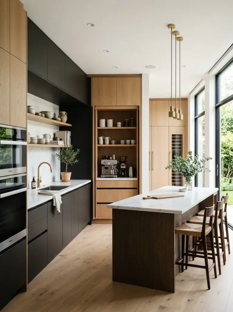 Modern luxury kitchen featuring hidden appliance garage with pocket doors, clean stone countertops free from clutter, neatly made, beautifully arranged, organized, clean, bright natural light from side-facing windows, vibrant premium finishes, realistic stock photo, Pinterest-ready luxury family kitchen, highly detailed, no people, no render