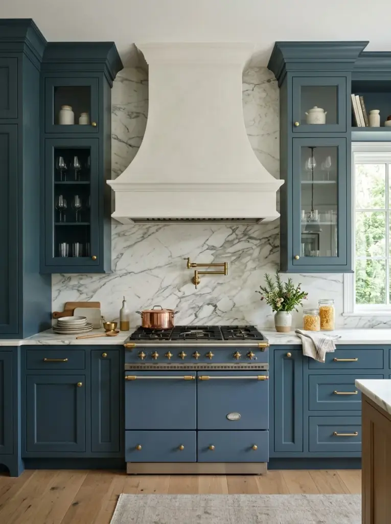 Elegant luxury kitchen with custom plaster range hood framed by symmetrical cabinetry, premium stone backsplash, neatly made, beautifully arranged, organized, clean, bright natural light positioned to illuminate the cooking wall evenly, vibrant refined colors, realistic interior photography, Pinterest-ready, ultra realistic, no people, no CGI