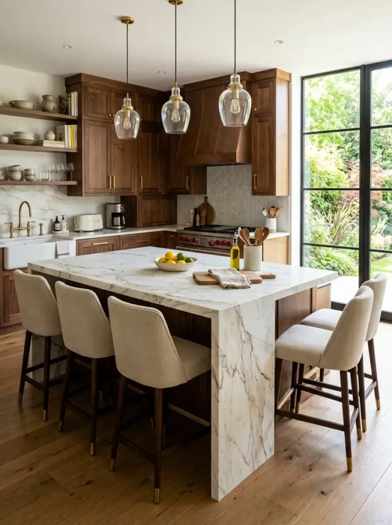 Luxury kitchen with elegant glass display cabinets featuring coordinated ceramics and glassware, neatly made, beautifully arranged, organized, clean, bright natural light highlighting the cabinet interiors, vibrant yet sophisticated colors, realistic stock photography, Pinterest-ready, lived-in luxury home, ultra detailed, no people, no 3D render