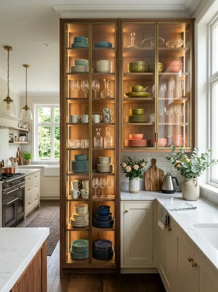 Real-life luxury kitchen connected to a hidden butler's pantry with organized shelves, premium cabinetry, stone countertops, neatly made, beautifully arranged, organized, clean, bright natural light, vibrant warm colors, realistic stock photography, Pinterest-ready, functional high-end home, ultra detailed, no people, no 3D render