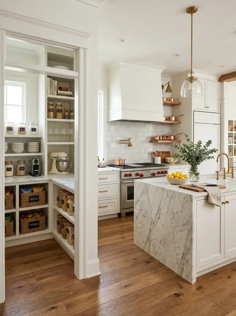 Luxury kitchen with floor-to-ceiling custom cabinetry, integrated appliances, minimalist hardware, neatly made, beautifully arranged, organized, clean, bright natural light from tall windows, vibrant neutral palette, realistic interior photography, Pinterest-ready, elegant family home, ultra realistic, no people, no CGI