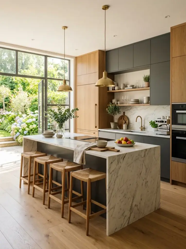 Luxury kitchen with spacious prep counter positioned beside large windows, sunlight falling directly across the work surface, neatly made, beautifully arranged, organized, clean, bright natural light, vibrant premium materials, realistic stock photography, Pinterest-ready, elegant lived-in home, ultra detailed, no people, no render