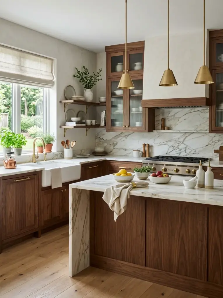Elegant luxury kitchen featuring layered marble, walnut wood, brushed brass, linen accents, handcrafted ceramics, neatly made, beautifully arranged, organized, clean, bright natural light, vibrant yet balanced colors, realistic interior photography, Pinterest-ready, ultra realistic, no people, no CGI