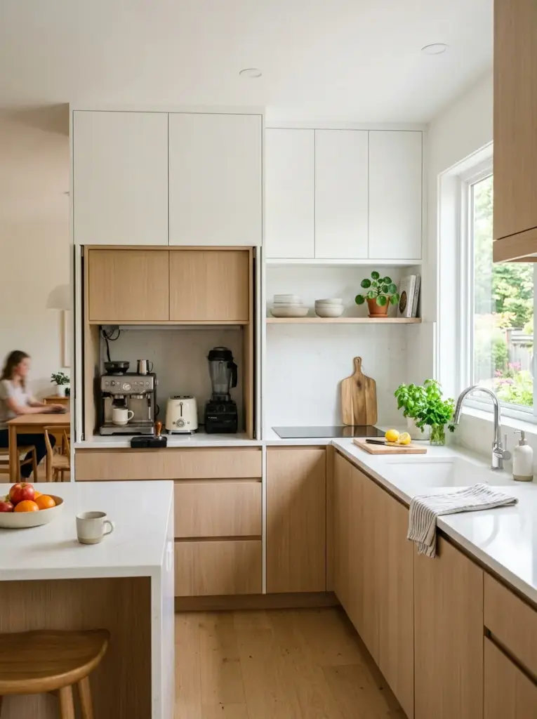 Photorealistic modern minimalist kitchen, appliance garage with pocket doors hiding coffee machine, toaster and blender, seamless flat-panel cabinets, white oak and matte white finishes, quartz countertop, neatly made, beautifully arranged, organized, clean, bright natural light, vibrant colors, realistic family home, Pinterest-worthy interior photography, ultra detailed, lifestyle stock photo, 35mm lens
