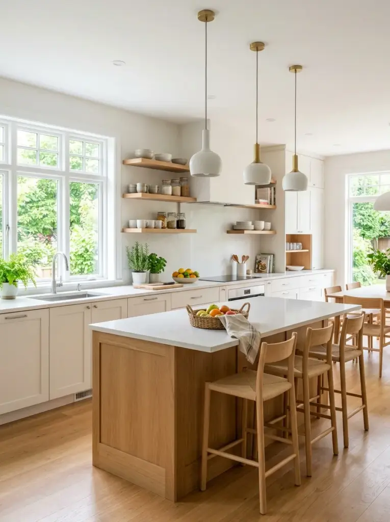 Bright minimalist kitchen with cohesive neutral color palette, soft white cabinetry, light oak wood accents, fresh green plants and colorful fruit as subtle accents, neatly made, beautifully arranged, organized, clean, bright natural light filling the room from large windows, vibrant natural colors, realistic family home, Pinterest-ready interior photography, premium stock photo